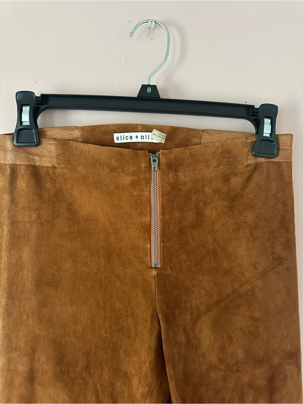 Alice + Olivia Chestnut Brown lamb skin Suede fitted pants leggings zipper front - Picture 3 of 6